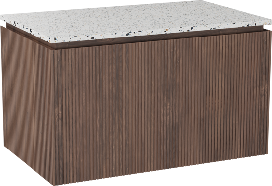 Balmani Eclips meuble salle de bains suspendu 90 x 55 cm Noyer américain avec Stretto tablette simple en Bianco Nero Terrazzo, Nervure droite symétrique verticale
