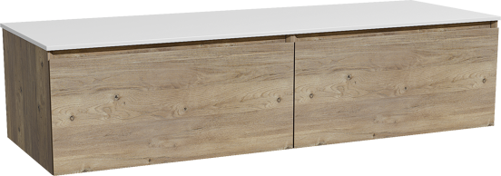 Storke Edge zwevend badmeubel 150 x 52 cm ruw eiken met Tavola enkel of dubbel wastafelblad in solid surface mat wit