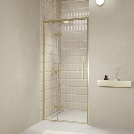 Balmani Senses Design douche draaideur links 100 cm x 210 cm Helder glas, Brushed Champagne Gold profielen, met coating