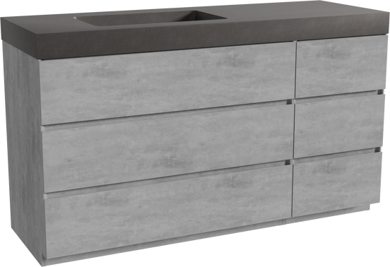 Storke Edge staand badmeubel 150 x 52 cm beton donkergrijs met Scuro High asymmetrisch linkse wastafel in kwarts mat zwart