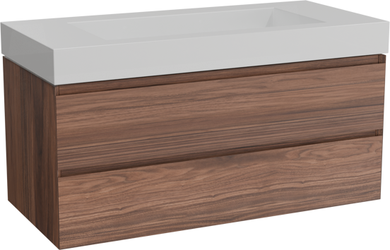 Balmani Mitra zwevend badkamermeubel 120 x 55 cm notelaar met Modus enkele wastafel voor 2 kraangaten in solid surface mat wit