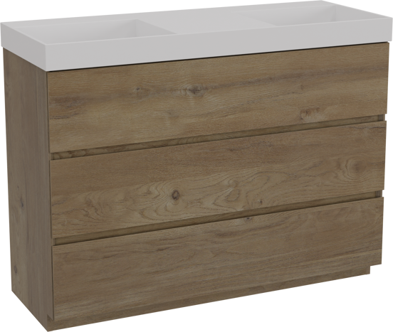 Storke Edge meuble salle de bains à poser 120 x 46 cm chêne brut avec Jura double vasque en solid surface blanc mat