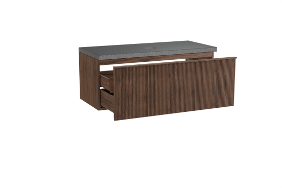 Balmani Forma hängendes Möbelstück Set: 120 x 55 cm, Amerikanischer Nussbaum, mit Rock Einzel Waschtischplatte, Granit, Schwarzes Granit, Vertikale symmetrische gerade Rippe
