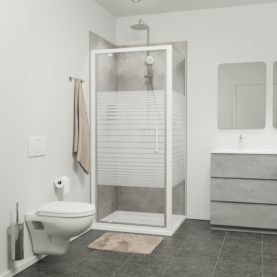 SanyOne Anton douchecabine met draaideur en vaste zijwand, 90 x 80 cm, gestreept glas, witte profielen