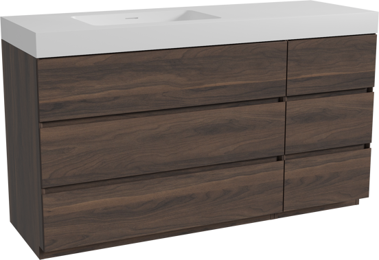 Storke Edge staand badkamermeubel 150 x 52 cm notelaar met Mata High asymmetrisch linkse wastafel in solid surface mat wit
