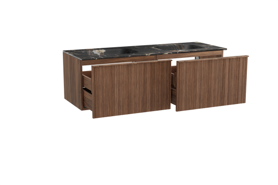 Balmani Forma zwevend badkamermeubel 150 x 55 cm amerikaanse notelaar met Tablo Arcato dubbele wastafel in marmer portoro gold, Verticale asymmetrische ronde ribbel