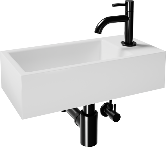 Luca Varess Cubic midi Lave-mains blanc brillant Porcelaine droite 40,5 x 20 cm avec robinet noir brillant et fournitures