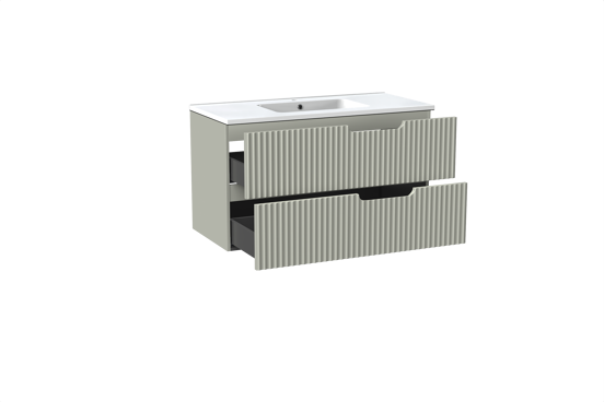 Linie Ribbo meuble salle de bains suspendu 100 x 46 cm greige avec Vano plan simple en marbre composite blanc brillant, Nervure circulaire symétrique verticale
