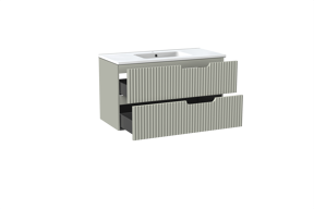 Linie Ribbo meuble salle de bains suspendu 100 x 46 cm greige avec Vano plan simple en marbre composite blanc brillant, Nervure circulaire symétrique verticale
