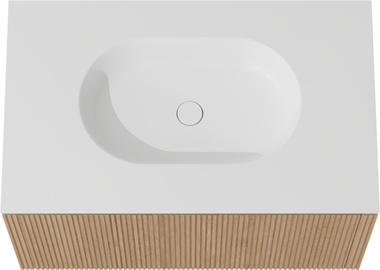 Balmani Eclips zwevend badkamermeubel 90 x 55 cm Natuur eik met Tablo Oval enkele wastafel in Solid Surface mat wit, Verticale symmetrische rechte ribbel