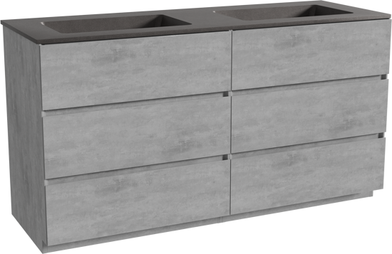 Storke Edge staand badmeubel 150 x 52 cm beton donkergrijs met Scuro dubbele wastafel in kwarts mat zwart