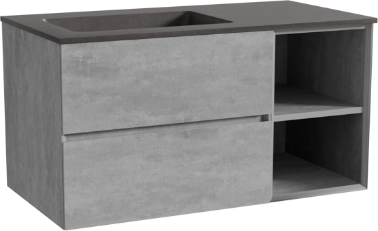 Storke Edge meuble salle de bains suspendu 100 x 52 cm béton gris foncé avec Scuro plan vasque asymétrique à gauche en quartz noir mat