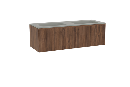 Balmani Fila zwevend badkamermeubel 150 x 55 cm notelaar met Tablo Strada dubbele wastafel in composietmarmer zijdegrijs, Verticale symmetrische rechte ribbel