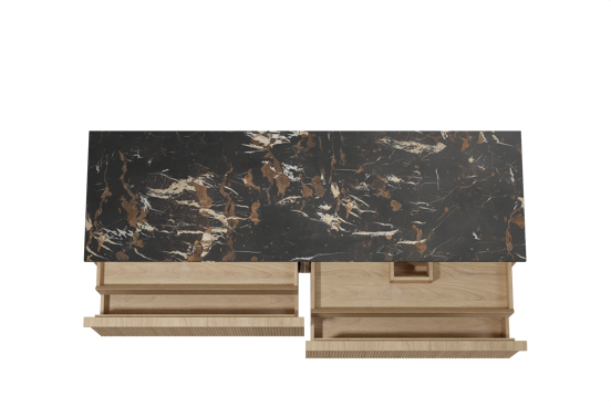 Balmani Forma hängendes Möbelstück Set: 180 x 55 cm, Naturbelassene Eiche, mit Stretto Einzel- oder Doppel Waschtischplatte, Marmor, Portoro Gold, Vertikale symmetrische gerade Rippe