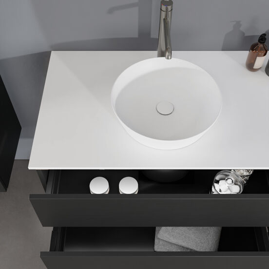 Balmani Lucida zwevend badmeubel 180 x 55 cm zwart eiken met Stretto enkel of dubbel wastafelblad in solid surface mat wit