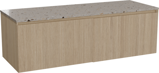 Balmani Fila zwevend badkamermeubel 150 x 55 cm natuur eik met Stretto enkel of dubbel tablet in terrazzo greige terrazzo, Verticale symmetrische rechte ribbel