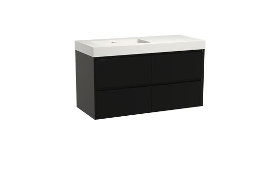 Storke Seda meuble salle de bains suspendu 120 x 52 cm noir mat avec Mata High vasque asymétrique gauche en solid surface blanc mat