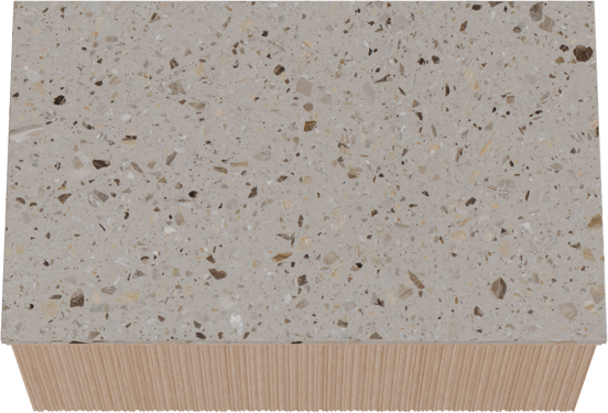 Balmani Forma hängendes Möbelstück Set: 90 x 55 cm, Naturbelassene Eiche, mit Stretto Einzel Waschtischplatte, Terrazzo in Greige, Vertikale asymmetrische Runde Rippe