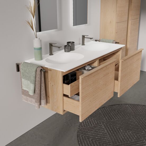 Balmani Forma meuble salle de bains suspendu 135 x 55 cm chêne naturel avec Tablo Oval double vasque en solid surface blanc mat, Nervure droite symétrique horizontale