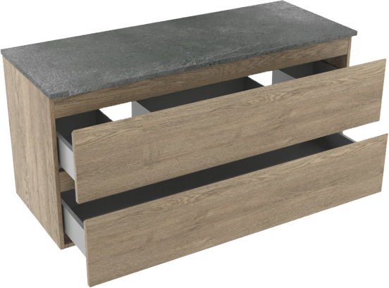 Linie Lado zwevend badmeubel 120 x 46 cm grijs eiken met Lado enkel of dubbel wastafelblad in melamine grijze leisteen