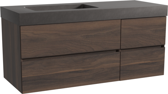 Storke Edge zwevend badmeubel 130 x 52 cm notenhout met Scuro High asymmetrisch linkse wastafel in kwarts mat zwart