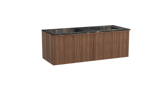 Balmani Forma zwevend badkamermeubel 135 x 55 cm amerikaanse notelaar met Tablo Arcato dubbele wastafel in marmer portoro gold, Verticale asymmetrische ronde ribbel