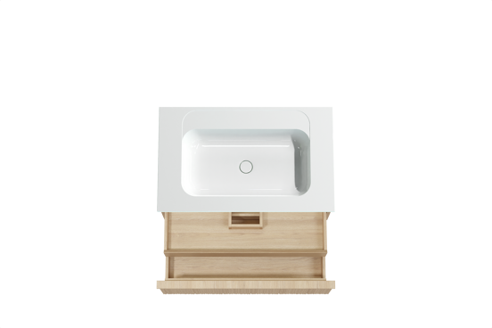Balmani Forma meuble salle de bains suspendu 90 x 55 cm chêne naturel avec Tablo Strada plan simple en marbre composite blanc brillant, Nervure circulaire asymétrique verticale