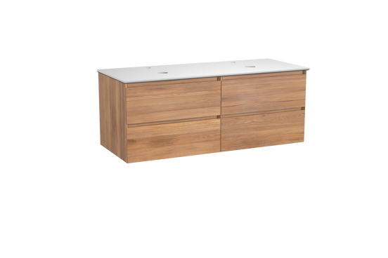 Balmani Mitra zwevend badkamermeubel 135 x 55 cm teak met Facetta dubbel tablet in solid surface mat wit