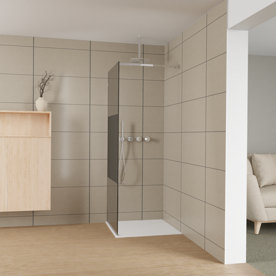 Balmani Modular Walk-In Dusche: 80 x 200 cm, Rauchglas mit mattiertem Streifen, inklusive Coating, Profil Chrom glänzend