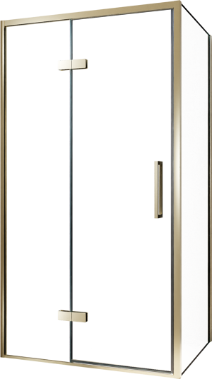 Balmani Senses Design douche en coin avec porte pivotante à gauche et paroi latérale fixe, 100 x 100 cm, Verre transparent, Profil Brushed Champagne Gold, coating inclus, coating inclus