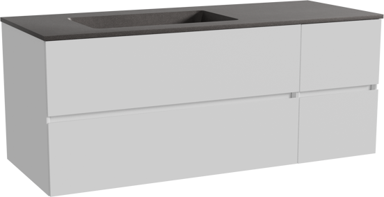 Storke Edge zwevend badmeubel 130 x 52 cm mat wit met Scuro asymmetrisch linkse wastafel in kwarts mat zwart