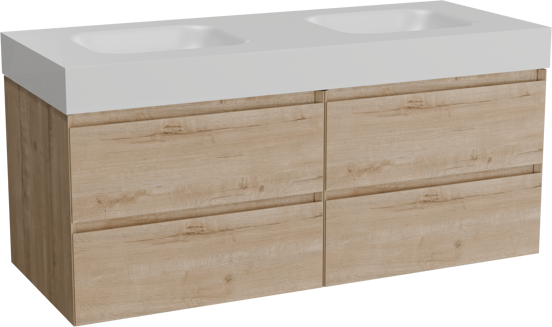 Balmani Mitra meuble salle de bains suspendu 135 x 55 cm chêne brut avec Arcato double vasque en solid surface blanc mat