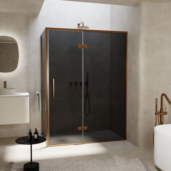 Balmani Senses Design douchecabine met rechtse draaideur en vaste zijwand, 140 x 80 cm, Rookglas, Brushed Rosegold profielen, met coating