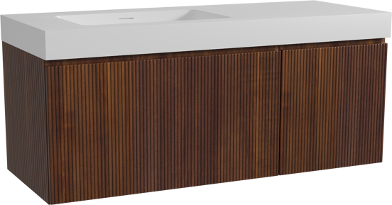 Storke Ribs hängendes Möbelstück Set: 130 x 52 cm, Nussbaum, mit Mata High Waschtisch links, Solid Surface, Weiß matt, Vertikale symmetrische gerade Rippe
