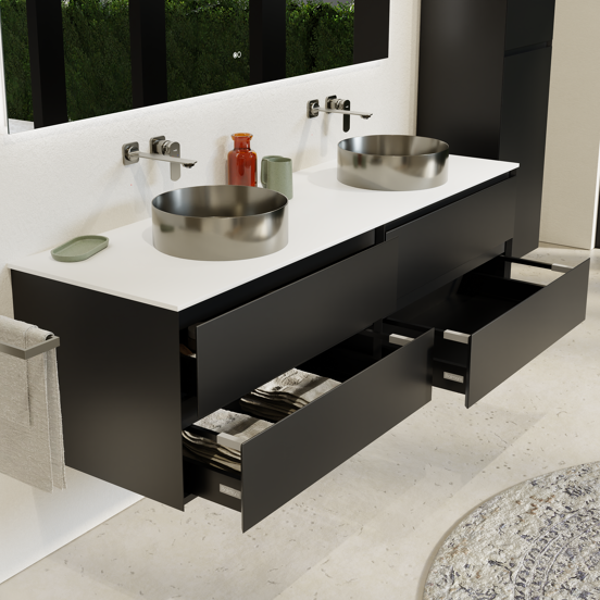 Balmani Mitra meuble salle de bains suspendu 180 x 55 cm noir mat avec Stretto tablette simple ou double en solid surface blanc mat