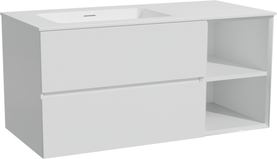 Storke Edge zwevend badmeubel 110 x 52 cm hoogglans wit met Mata asymmetrisch linkse wastafel in solid surface mat wit