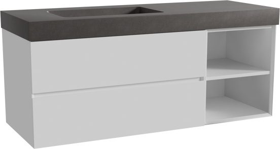 Storke Edge meuble salle de bains suspendu 140 x 52 cm blanc brillant avec Scuro High plan vasque asymétrique à gauche en quartz noir mat