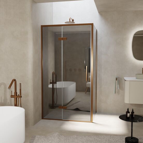 Balmani Senses Design douchehoek met linkse draaideur en vaste zijwand, 100 x 100 cm, Reflex spiegelglas, Brushed Rosegold profielen, met coating