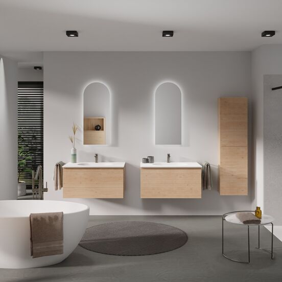Balmani Forma zwevend badkamermeubel 90 x 55 cm natuur eik met Tablo Oval enkele wastafel in solid surface mat wit, Horizontale symmetrische rechte ribbel