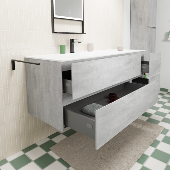 Storke Edge zwevend badmeubel 140 x 52 cm beton donkergrijs met Mata asymmetrisch linkse wastafel in solid surface mat wit