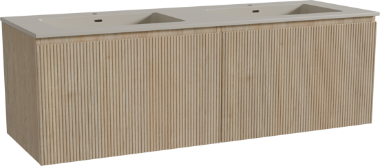 Storke Ribs zwevend badmeubel 150 x 52 cm ruw eiken met Diva dubbele wastafel in top solid zijdegrijs, Verticale symmetrische rechte ribbel