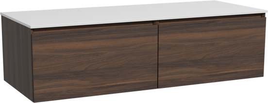 Storke Edge zwevend badmeubel 130 x 52 cm notenhout met Tavola enkel of dubbel wastafelblad in solid surface mat wit