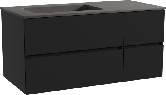 Storke Edge zwevend badmeubel 110 x 52 cm mat zwart met Scuro asymmetrisch linkse wastafel in kwarts mat zwart