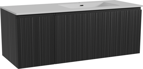 Storke Ribs meuble salle de bains suspendu 130 x 52 cm chêne noir avec Diva vasque asymétrique droite en marbre composite blanc brillant, Nervure droite asymétrique verticale