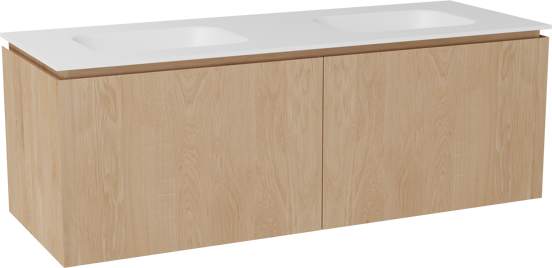 Balmani Eclips zwevend badkamermeubel 150 x 55 cm Natuur eik met Tablo Arcato dubbele wastafel in Solid Surface mat wit