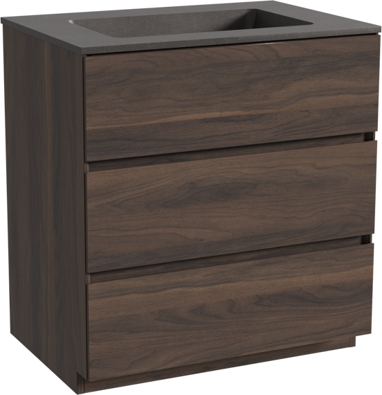 Storke Edge staand badkamermeubel 75 x 52 cm notelaar met Scuro enkele wastafel in kwarts mat zwart