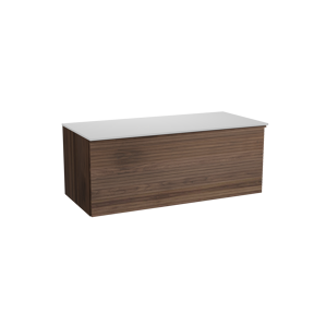 Balmani Forma hängendes Möbelstück Set: 120 x 55 cm, Amerikanischer Nussbaum, mit Stretto Einzel- oder Doppel Waschtischplatte, Solid Surface, Weiß matt, Horizontale symmetrische gerade Rippe