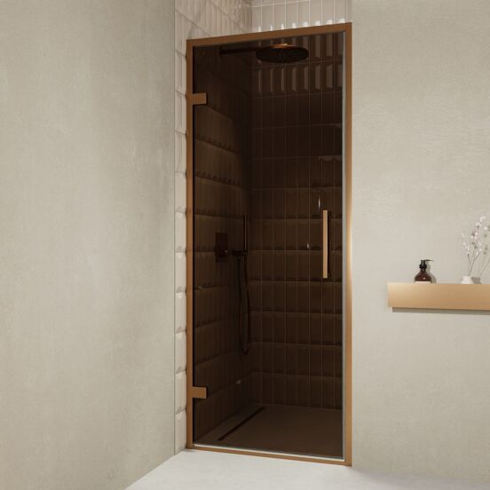 Balmani Senses Design Dusche Drehtür, Links, 90 cm x 210 cm, Bronze, Profil Brushed Rosegold, inklusive Coating