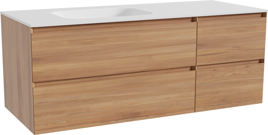 Balmani Mitra meuble salle de bains suspendu 135 x 55 cm teck avec Tablo Arcato vasque asymétrique gauche en solid surface blanc mat