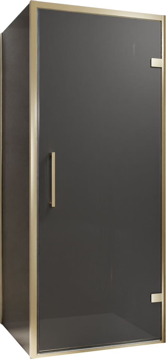 Balmani Senses Design douchecabine met rechtse draaideur en vaste zijwand, 90 x 100 cm, Rookglas, Brushed Champagne Gold profielen